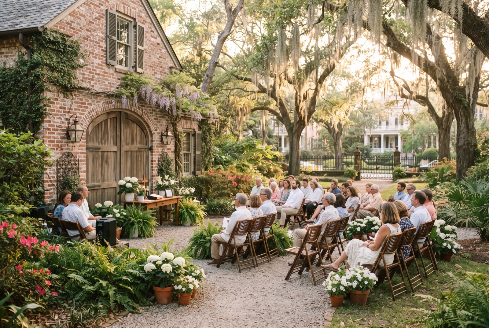 A small congregation gathered on garden chairs outside a restored brick carriage house beside a Savannah square, in warm morning light.