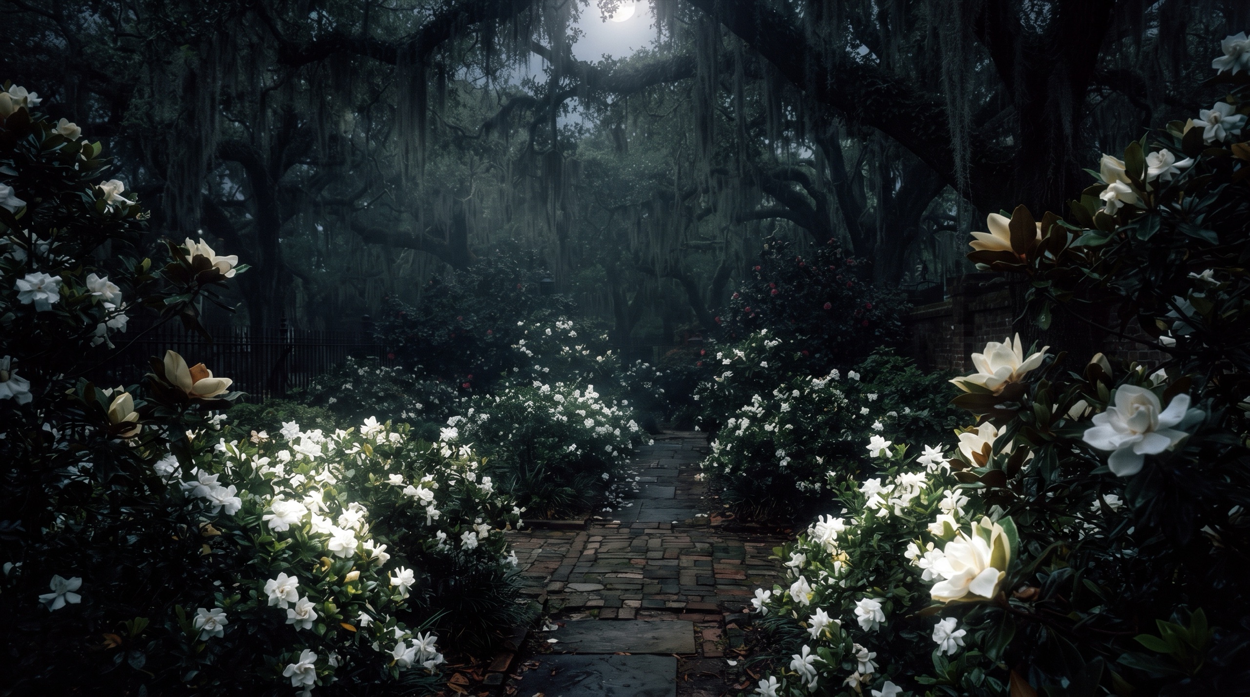 A Savannah garden square at night: white gardenias and magnolia blooms catching moonlight under Spanish moss.